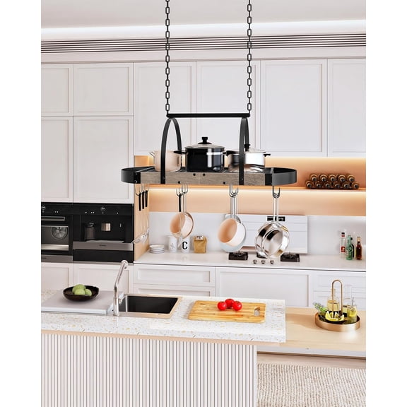 Hanging Pot Rack, Pot Hanger for Kitchen, Ceiling Mounted Pot Holder, Cookware Organizer with 12 S-Shaped Hooks, for Pot, Pan Storage, Space-Saving, Greige and Black