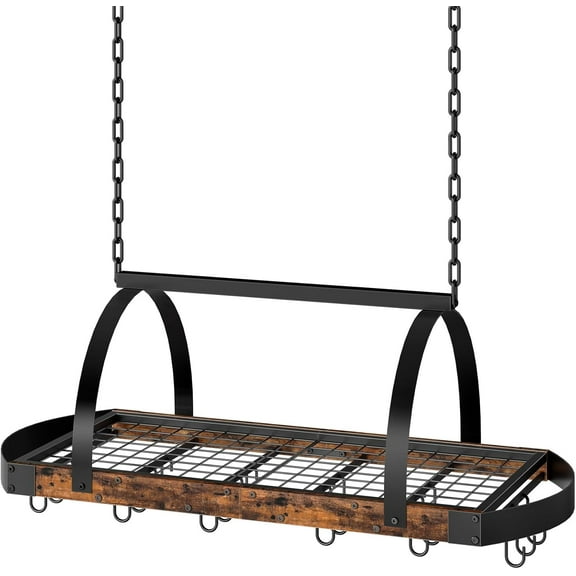 Hanging Pot Rack, Pot Hanger for Kitchen, Ceiling Mounted Pot Holder, Cookware Organizer with 18 S-Shaped Hooks, for Pot, Pan Storage, Space-Saving, Rustic Brown and Black