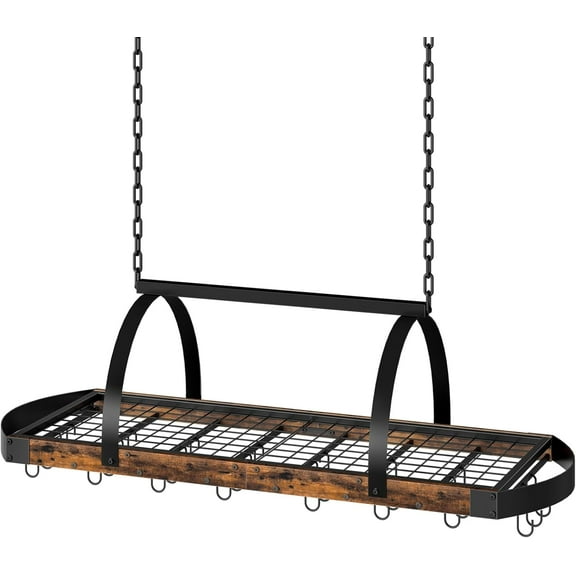 Hanging Pot Rack, Pot Hanger for Kitchen, Ceiling Mounted Pot Holder, Cookware Organizer with 24 S-Shaped Hooks, for Pot, Pan Storage, Space-Saving, Rustic Brown and Black