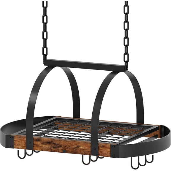 Hanging Pot Rack, Pot Hanger for Kitchen, Ceiling Mounted Pot Holder, Cookware Organizer with 9 S-Shaped Hooks, for Pot, Pan Storage, Space-Saving, Rustic Brown and Black TPR07BF