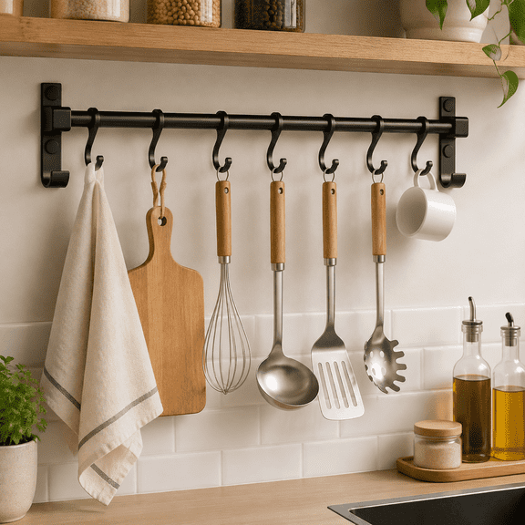 Hanging Pot Rack, Pot Hangers for Kitchen, Pot Organizers Inside Cabinet, Pot Lid Organizer, Wall Mounted Kitchen Rail with 8 Slidable Hooks for Pots, Pans, Lids, Utensils and Mugs, Black Metal