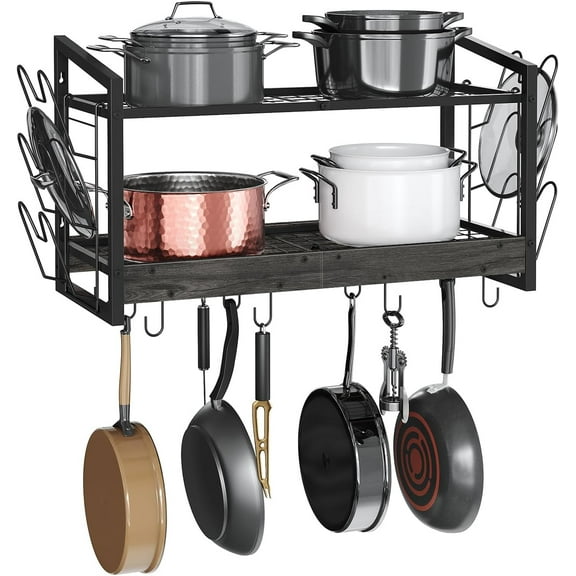 Hanging Pot Rack, Pot Rack Wall Mounted, 2-Tier Kitchen Pot and Lid Organizer, Wall-Mounted Cookware Holder with 12 Hooks, for Kitchen Storage of Pots, Pans, Utensils, Charcoal Black