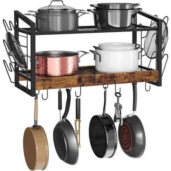 Hanging Pot Rack Pot Rack Wall Mounted 2Tier Kitchen Pot And Lid Organizer WallMounted Pot Rack With 12 Hooks For Kitchen Storage Of Pots Pans Utensils Rustic Brown TPR02BF