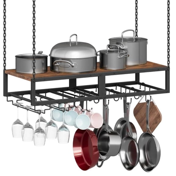 Hanging Pot Rack Space-Saving Pot Hanger for Kitchen Ceiling Pan Hanging Rack with 10 S-Shaped Hooks and 3 Dual-Prong Hooks for Pot Pan Storage Space-Saving Rustic Brown and Black BF78TL01