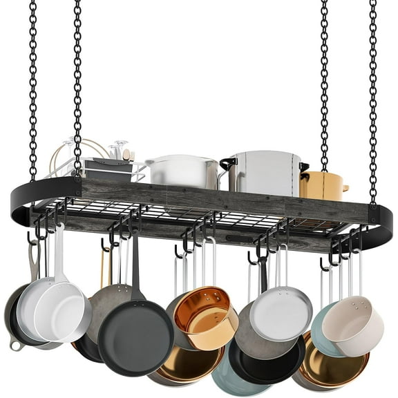Hanging Pot Rack, Space-Saving Pot Hanger for Kitchen, Ceiling Pan Hanging Rack with Detachable S Hooks, Sturdy Metal Frame, Industrial Style, Rustic