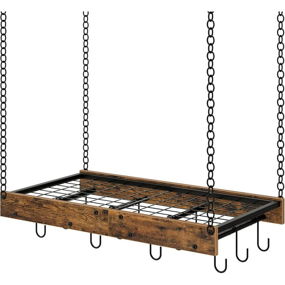Hanging Pot Rack, Vintage Pot Hangers for Kitchen, Ceiling Mounted Pot Rack, Pot and Pan Hanging Rack with 12 S-Shaped Hooks, for Cookware Storage, Rustic Brown and Black