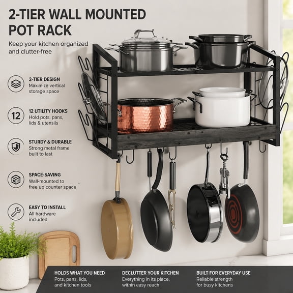 Hanging Pot Rack Wall Mounted, 2-Tier Kitchen Pot and Lid Organizer with 12 Hooks, Space Saving Cookware Holder for Pots, Pans, and Utensils, Black