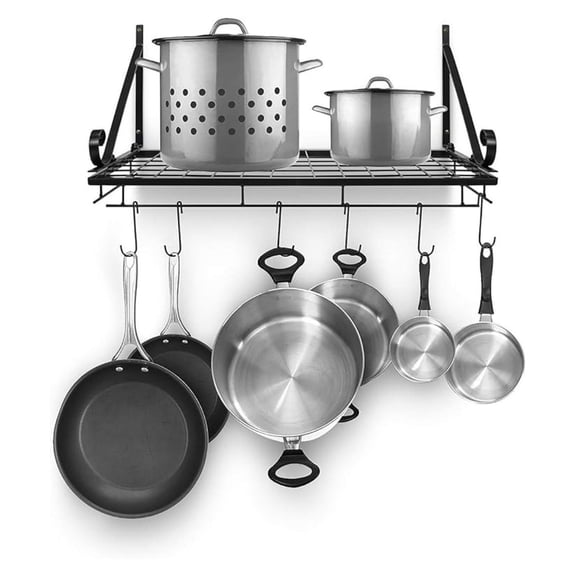 Hanging Pot Rack - Wall Mounted Pot Rack storage shelf hanging rack  Pots and Pans Rack shelf Organizer holder pot hanger - 10 S - kitchen cookware, utensils, pans, 2 DIY Methods (Black)