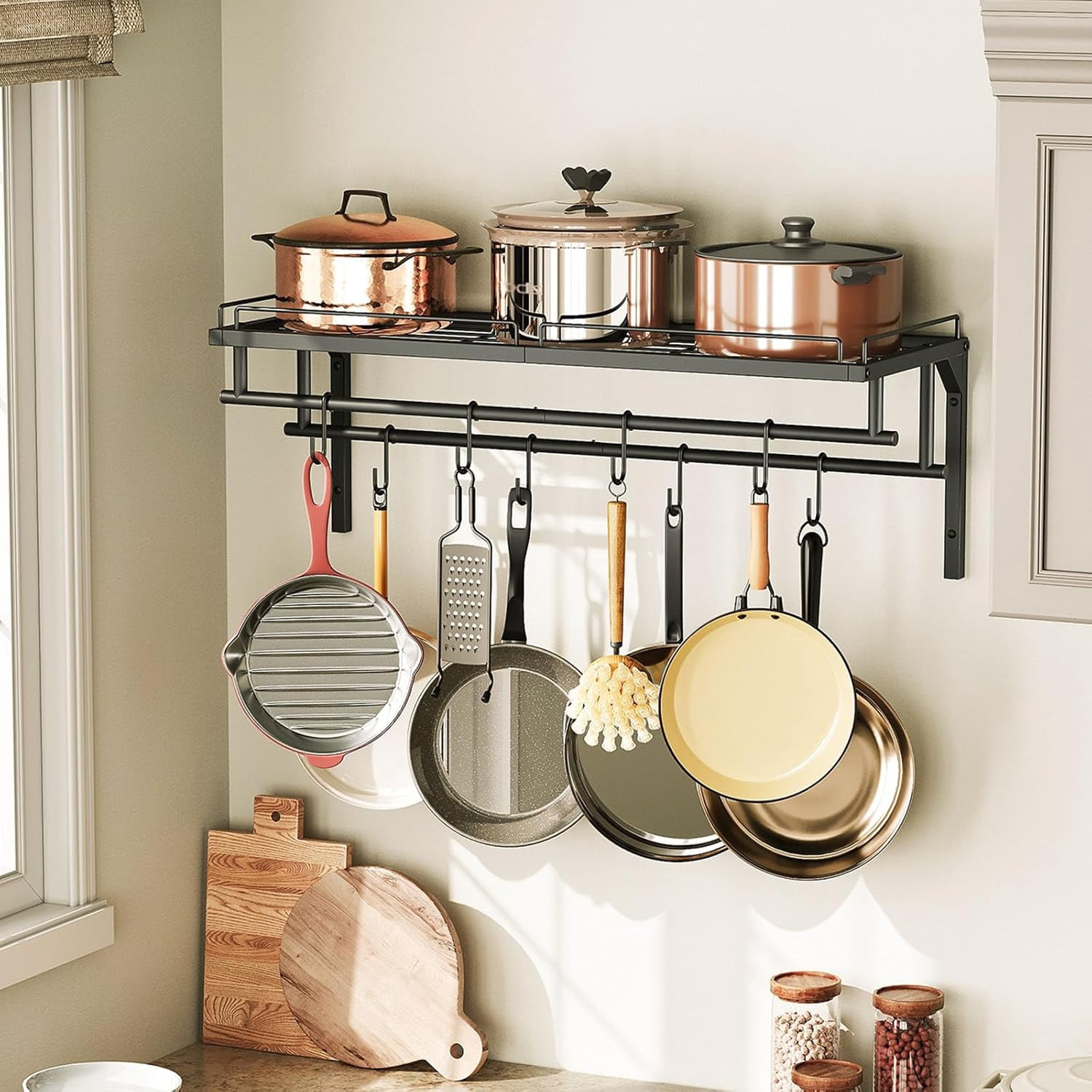 Hanging Pot Rack and Floating Shelves, Wall-Mounted Pot Rack, Set of 2