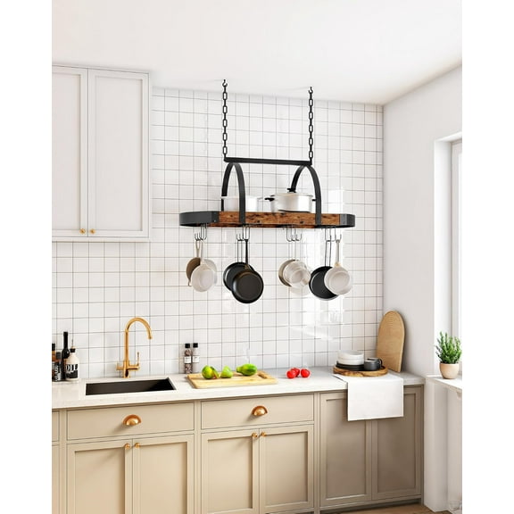 Hanging Pot Rack with 12 S Hooks, Kitchen Cookware Organizer, Ceiling Mounted, Space Saving, Rustic Brown and Black