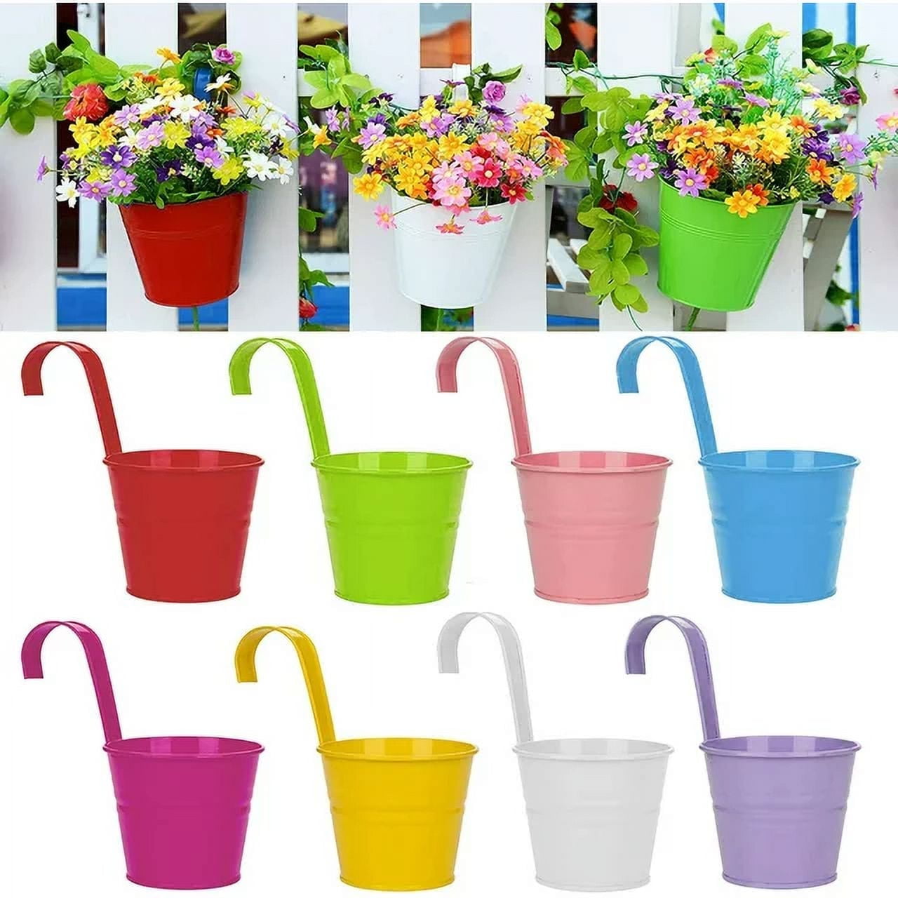 Hanging Pots for Plants, Hanging Flower Pots, 8 Pcs Iron Garden Pots Balcony Planters,3.94'' Outdoor Hanging Planters, Metal Bucket Flower Holders - Detachable Hook (Random Color)