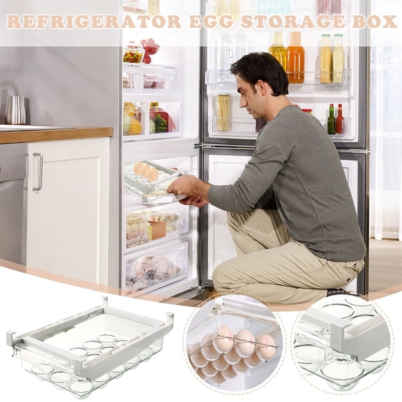 Hanging Pull Out Fridge Egg Storage Drawer, Clear Plastic Egg Holder Tray, Space Saving Refrigerator Egg Organizer Container with Anti-Crack Egg Slots for Kitchen Storage