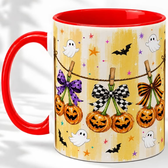 Hanging Pumpkin Bow Accent Mug, 11oz Ceramic Coffee Cup for Halloween