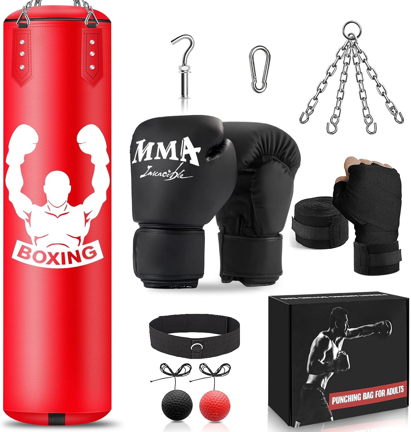 NZQXJXZ Heavy Punch Bag Set for Adults - 4FT Unfilled Kicking Bag, Reflex Ball, MMA Gloves, Wristband, Boxing Training Equipment for Karate, main image 0