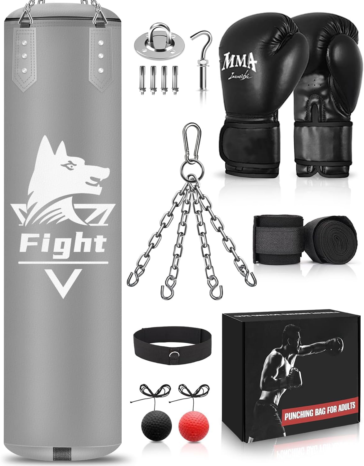 Hanging Punching Bag for Adults, 4FT PU Heavy Bag Boxing Training Equipment with 12OZ Gloves, Reflex Ball, Wristband, Kicking Bag Boxing Set for Training Karate Kickboxing Home Gym(Unfilled)