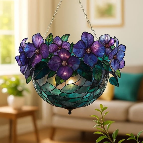 Hanging Purple Flower Basket Suncatcher, Nature-Inspired Gift for Floral Home Decor, Wavy Acrylic Window Art with Light Center and Leaves