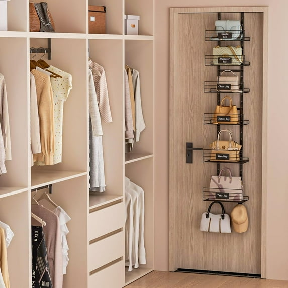 Hanging Purse Organizer Rack with Name Plate, Over the Door Bag Storage with Adjustable Baskets