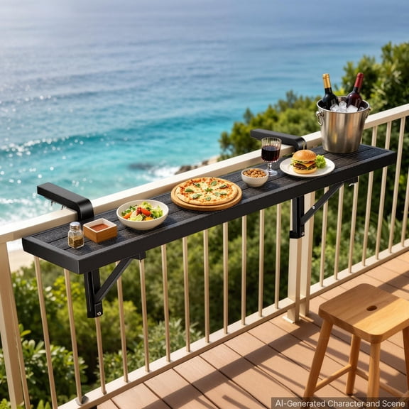 Hanging Railing Bar Table for Balcony, 49x9.4 Inch Outdoor Deck Table with Adjustable Bracket, WPC Composite Patio Garden Furniture, Space Saving Foldable Balcony Shelf, Ideal for Small Apartments an