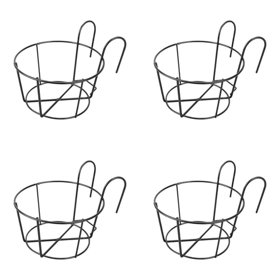 Hanging Railing Planter 4 Pack, Flower Pot Holder Iron Rack Fence Metal Potted Stand for Balcony, Round Basket Shelf Container Box for Indoor and Outdoor Use, Garden Pot Holder, 4.41"