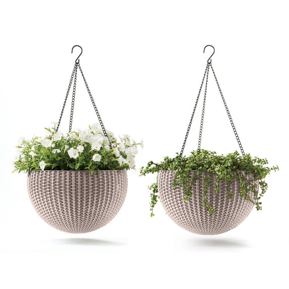 Hanging Rattan Resin Planter Set of 2, Sandy Beige