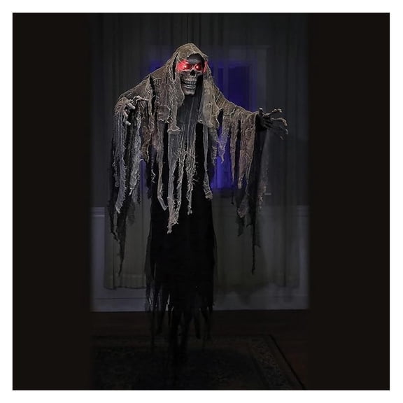 Hanging Reaper Decoration 6ft - Halloween Prop with Glowing Eyes & Sound - Scary Reaper Prop for Haunted House, Yard, or Party - Posable Arms & Gauzy Robes