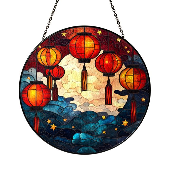 Hanging Red Lantern Stained Glass Suncatcher Window Hanging, Decorative Lantern and Cloud Glass Panel Art for Window Decor, Cultural Stained Glass Style Ornament, Colorful Window Hanging Decor