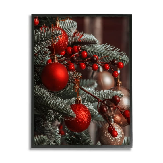 Hanging Red Ornaments Christmas Tree Holiday Photograph Black Framed Art Print Wall Art