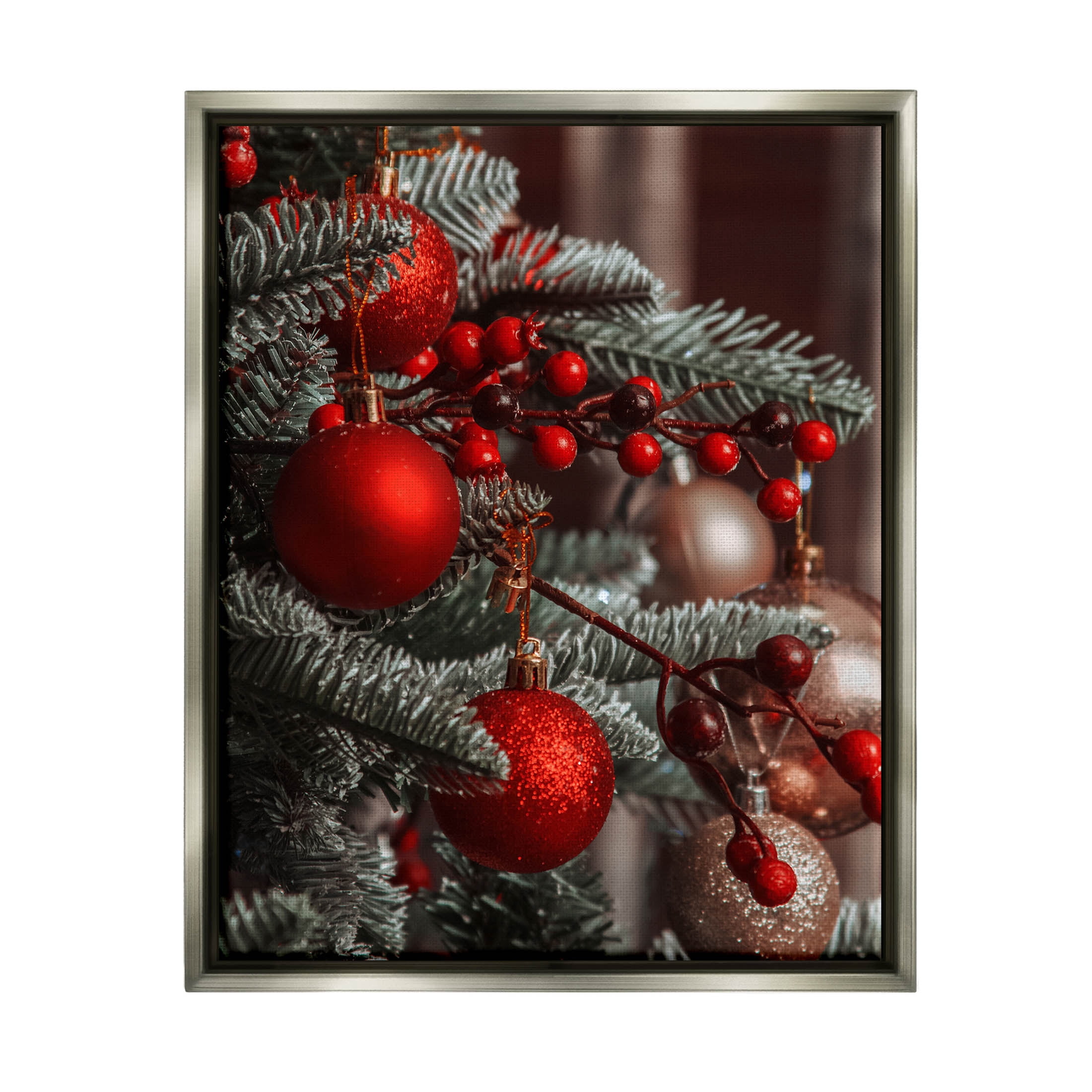 Hanging Red Ornaments Christmas Tree Holiday Photograph Luster Gray Framed Art Print Wall Art