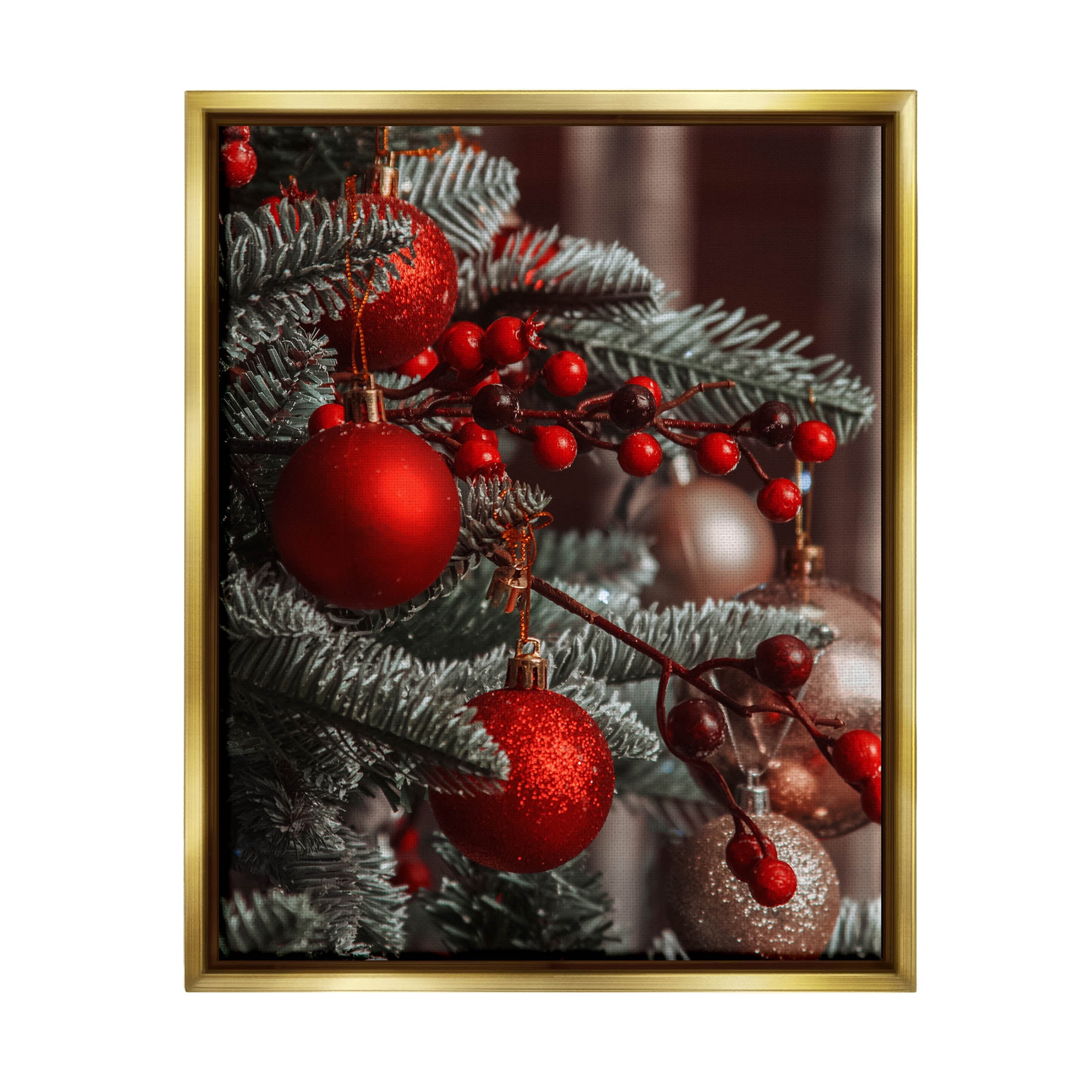 Hanging Red Ornaments Christmas Tree Holiday Photograph Metallic Gold Framed Art Print Wall Art