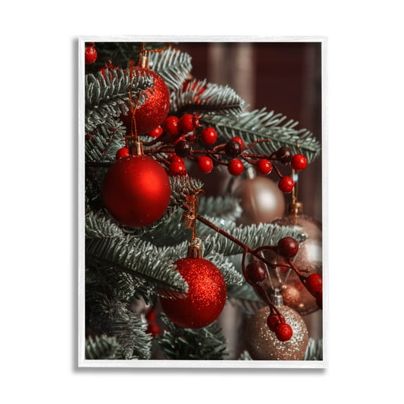 Hanging Red Ornaments Christmas Tree Holiday Photograph White Framed Art Print Wall Art