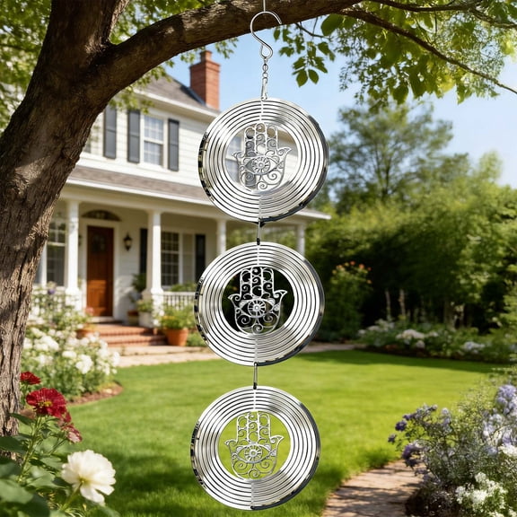 Hanging Reflective Wind Chime for Outdoor Garden – Spinning Bird Scarer Noisemaker Rotating Motion to Protect Fruit Trees Yard Avoid Bird Damage