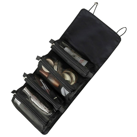 Hanging Roll-Up Makeup Bag/Toiletry Kit/Travel Organizer for Women - Organize Make Up, Cosmetics, First Aid, Medicine, Personal Care, Bathroom, Palette/Brush Holder - black