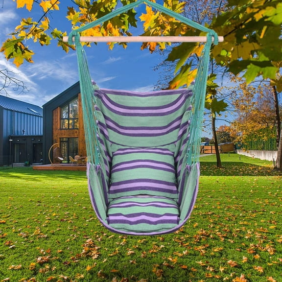 Hanging Rope Hammock Chair Swing with 2 Pillows for Yard Porch Indoor Outdoor Green Canvas