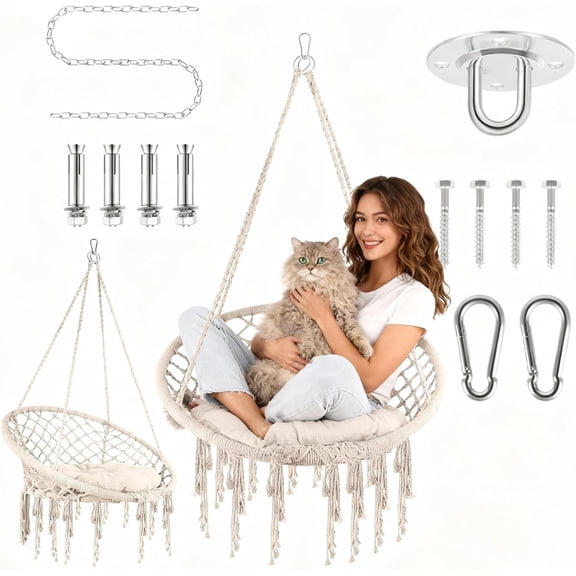 Hanging Rope Swing Chair 31.515.753.1in, Sturdy Handmade Knitted Hammock Chair with Cushion & Pillow, for Yard Balcony Living Room