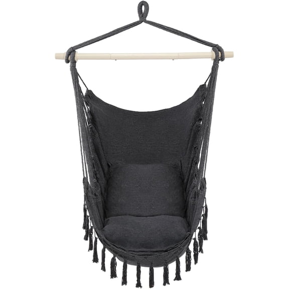 Hanging Rope Swing Chair Porch Garden Hammock Chair with 2 Cushions and Wood Stretcher for Indoor and Outdoor Sturdy Cotton Canvas Hanging Rope Chair can be Capacity 200 Lbs(Gray)