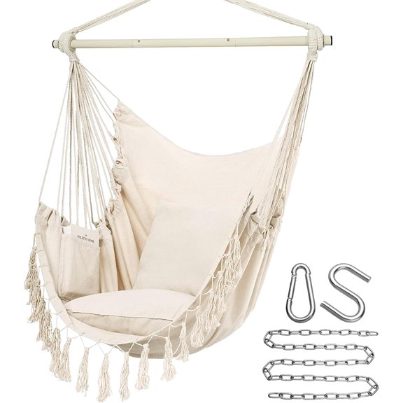Hanging Rope Swing Chair with Cushions, 500 Lbs Capacity, Macrame Design, Storage Pocket, Hardware Kit, Beige