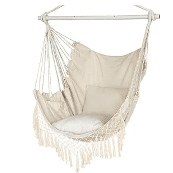 Hanging Rope Swing Seat with 2 Cushions, rame Hanging Chair Side Pocket with High Load-Bearing Metal Rod,for Indoor, Outdoor, Extra Comfortable