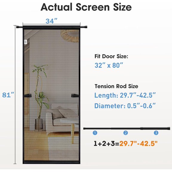 Hanging Screen Door Curtain - Fits 32" x 80" Door, Durable Fiberglass Mesh with Tension Rod, Hooks, and Velcro for Easy Installation and Insect Protection