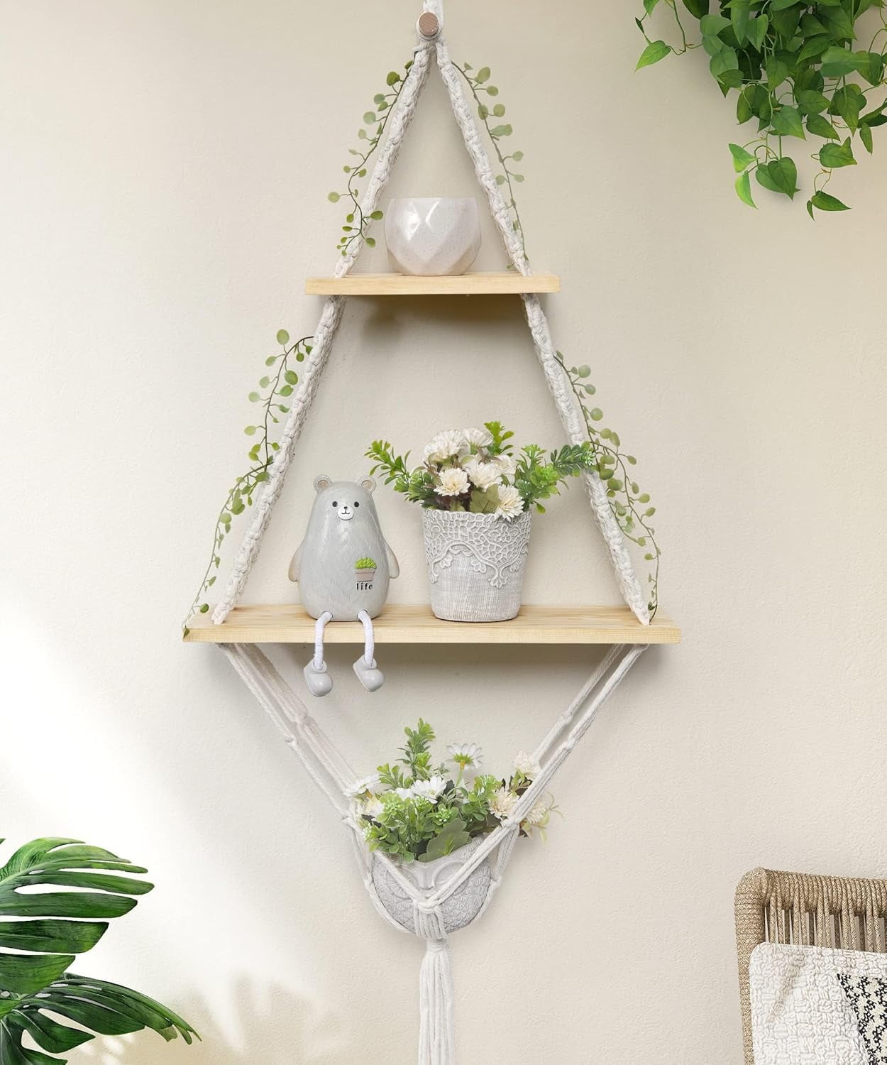 Image showcasing Hanging Shelves 2 Tiers Macrame Floating Shelf Wall Mounted, Boho Shelf ...