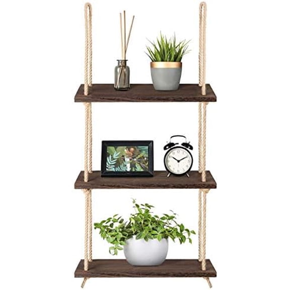 Hanging Shelves 3 Tier Rustic Wood Floating Wall Shelves Photo Plant Display Hanging Storage Shelf Home Decor for College Dorm Room Decor Bathroom Living Room Bedroom Apartment