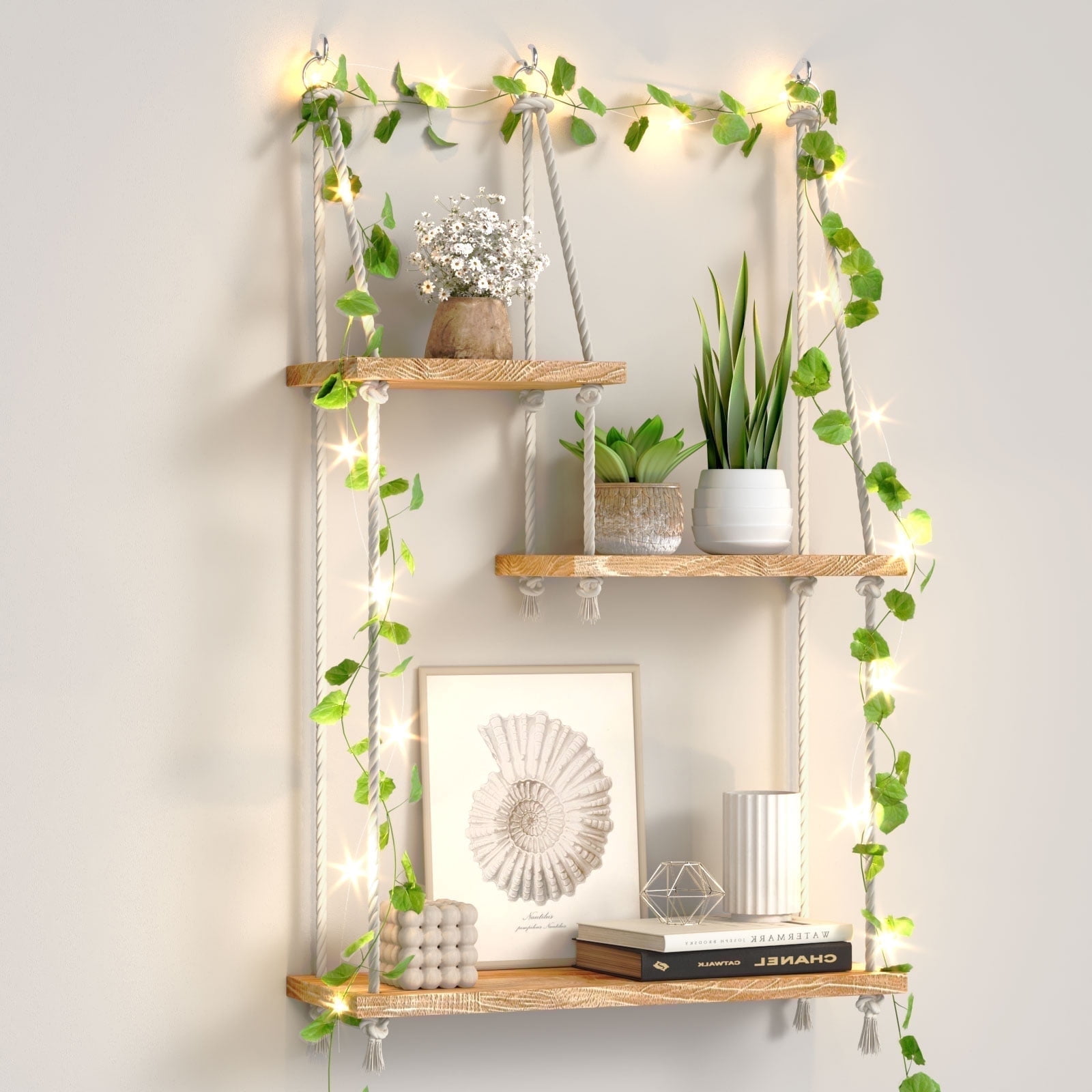 FKS LIFE Hanging Shelves Boho Decorative Wood Sheves for Wall Hanging, Hanging Plant Shelf with Lights Floating Swing Storage Shelves, Indoor Wall Shelf Adjustable Rope