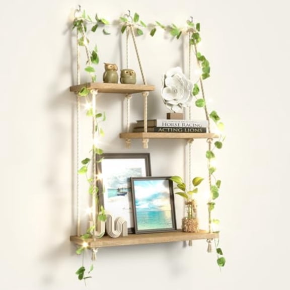 Hanging Shelves for Wall with Vine Lights 3 Tier Boho Wall Shelf Macrame Floating Shelves Rope Rustic Wood Organizer Storage Hanger Rack Decor Aesthetic for Succulents Kitchen Bedroom Bathroom