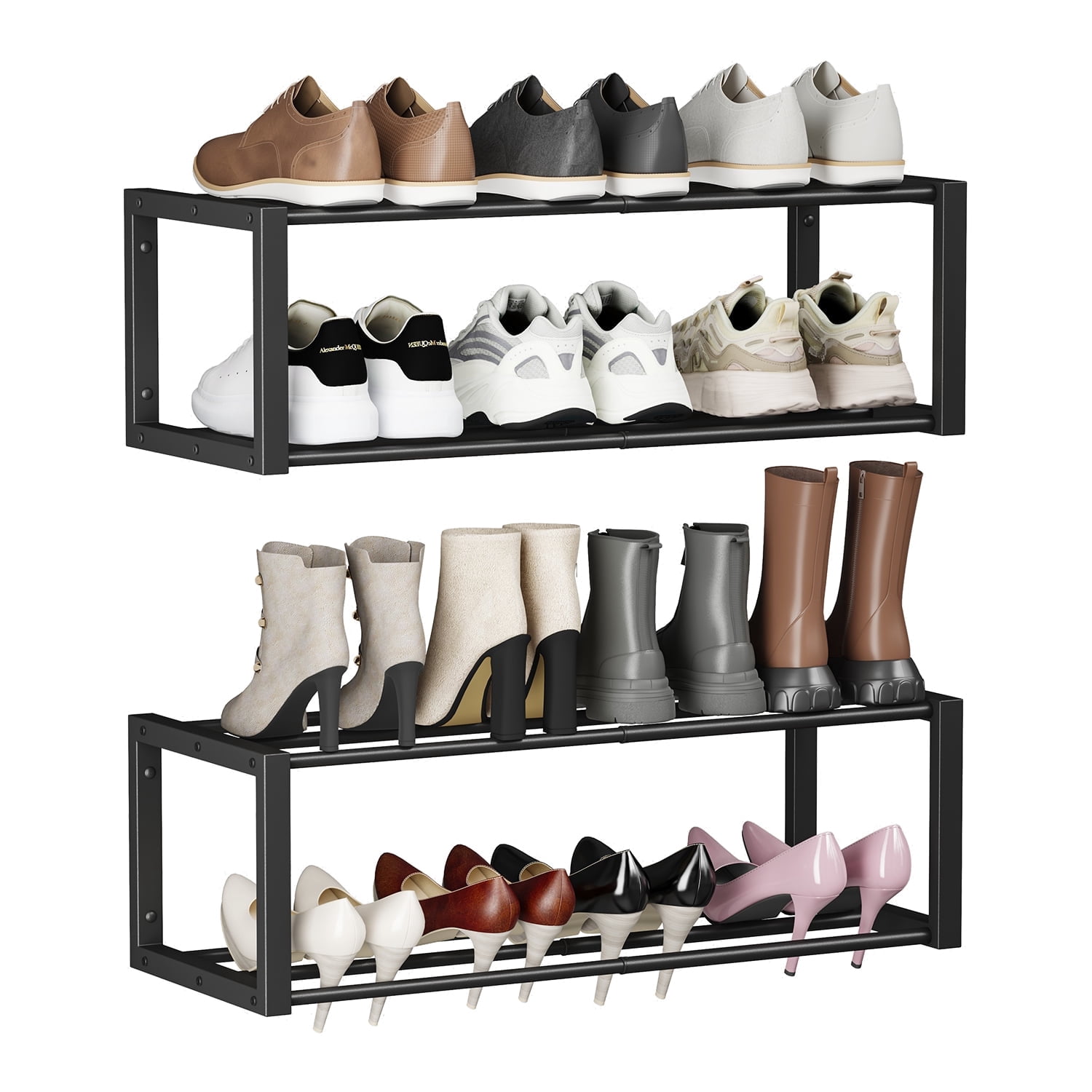 Hanging Shoe Organizer,2 Pack Wall Mounted Shoe Rack Holds 12 Pairs,Space Saving Metal Wall Shoe Rack,Hanging Shoe Rack Shoe Holder for Small Space,Entryway,Closet,RV,Camper（Black)