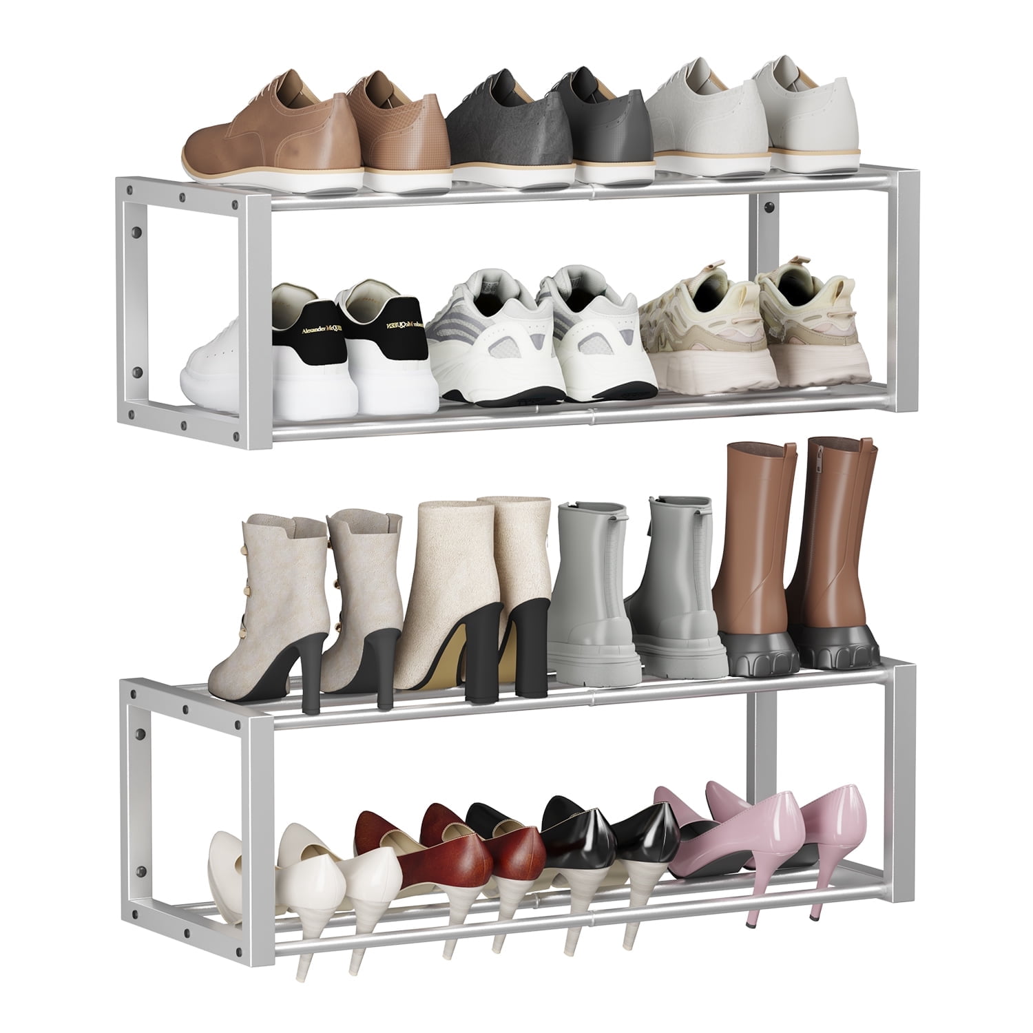 Hanging Shoe Organizer,2 Pack Wall Mounted Shoe Rack Holds 12 Pairs,Space Saving Metal Wall Shoe Rack,Hanging Shoe Rack Shoe Holder for Small Space,Entryway,Closet,RV,Camper（Sliver)