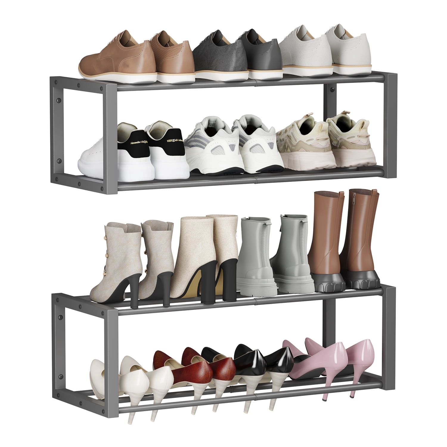 Hanging Shoe Organizer,2 Pack Wall Mounted Shoe Rack Holds 12 Pairs,Space Saving Metal Wall Shoe Rack,Hanging Shoe Rack Shoe Holder for Small Space,Entryway,Closet,RV,Camper（Gray)