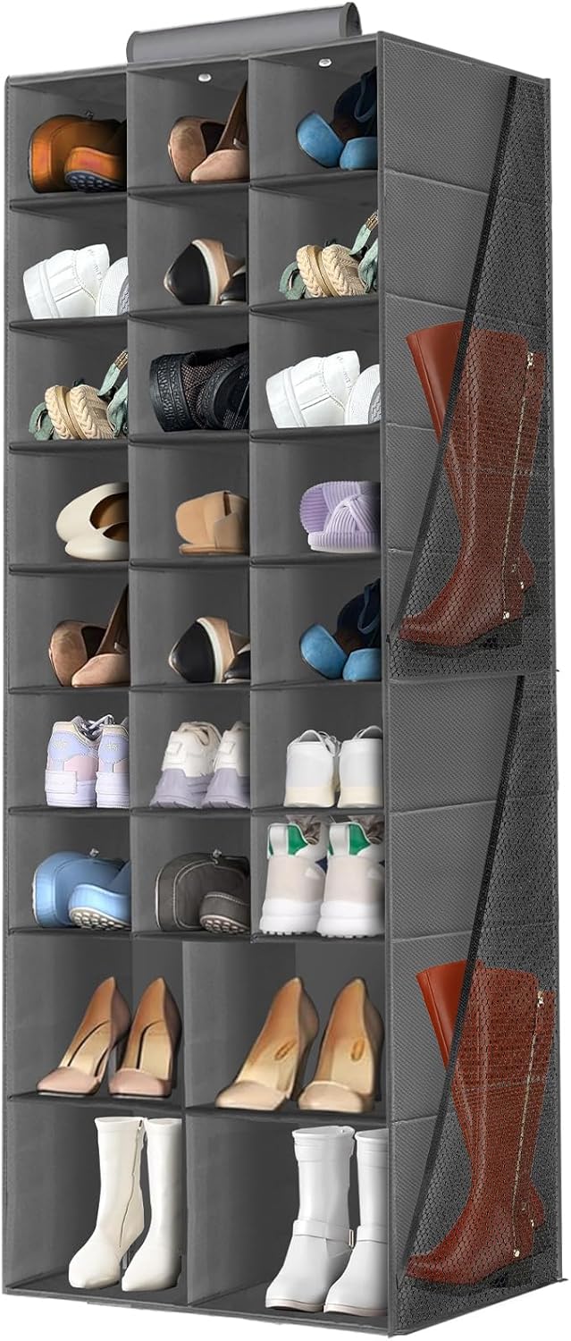 Hanging Shoe Organizer for Closet Closet Hanging Shoe Storage Rack Holder Shelves Collapsible Shoe Closet Organizers and Storage with 4 Large Side Pockets 25 Sections for Shoes Hats Clothes Gray Walma...
