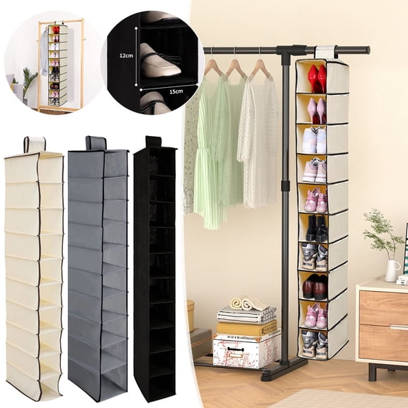 Hanging Shoe Organizer Closet Storage, 10 Tier Fabric Shelves for Shoes, Clothes, Accessories, Space Saving Wardrobe Organizer for Bedroom Dorm Laundry