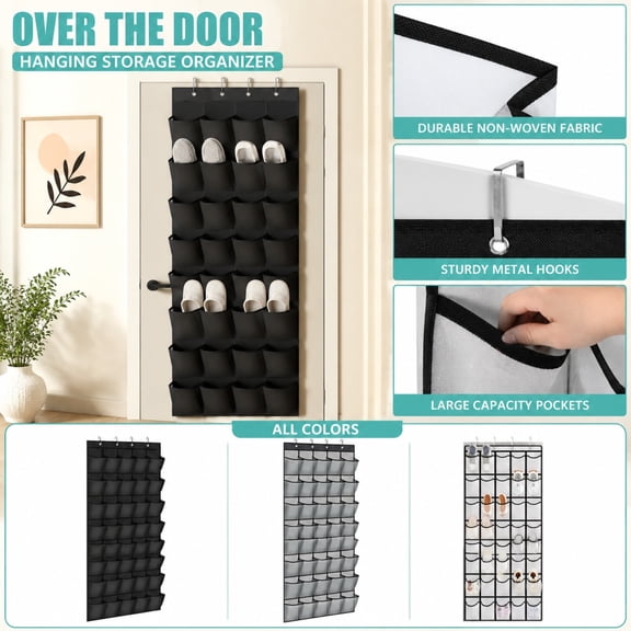Hanging Shoe Organizer, Over The Door Storage Organizer, 40-Pocket Gray Non-Woven Hanging Shoe Rack for Closet Door, 76X26 Inch Behind The Door Shoe Rack, Diamond Shaped Mesh
