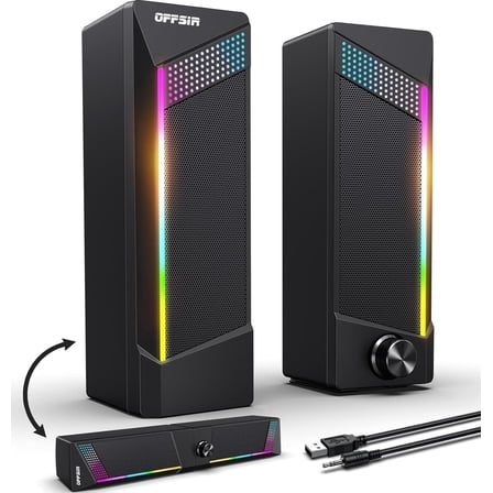 OFFSIR Computer Speakers, PC SoundBar, Gaming Speakers for PC Computer Laptop Desktop, Subwoofer Wired, RGB Speakers, USB Powered 3.5mm AuxPackage Includes Only Two Speaker