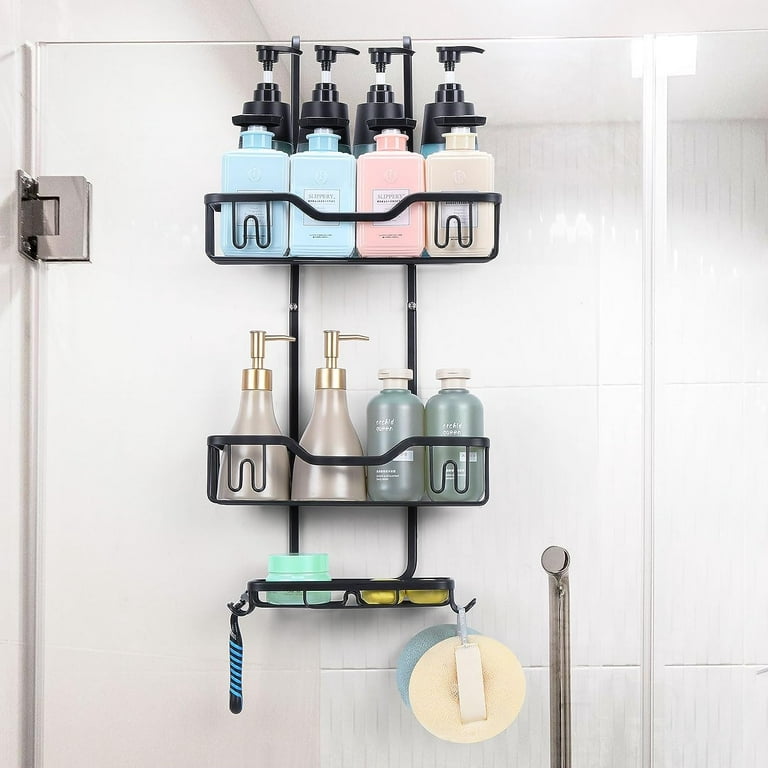 Oumilen Bathroom Hanging Shower Caddy, Shower Organizer Shelves with 4-Hooks, Black